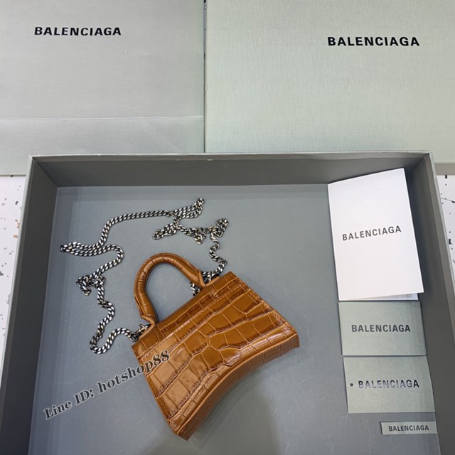 Balenciaga專櫃爆款手提女包 巴黎世家鱷魚紋牛皮焦糖色mini Hourglass沙漏包 fyj1017